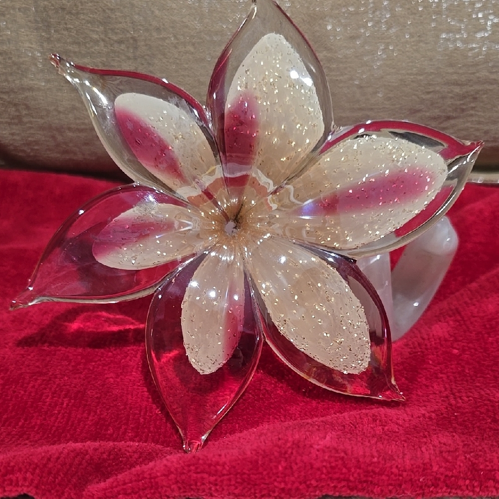 Artistic Glass Flower with Pink Accents. Blown glass sculpture.